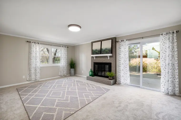 Soft neutral carpet in a bright living room with a fireplace