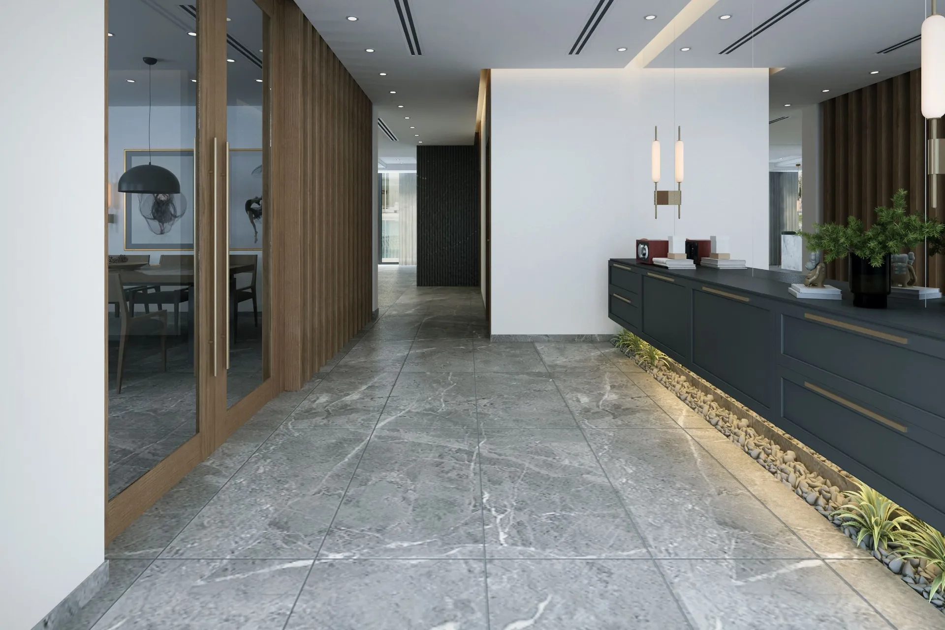 Large-format grey tile in an office reception area